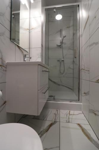 a white bathroom with a shower and a toilet at Gorce apartamenty i pokoje in Rabka-Zdrój