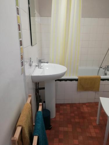 une salle de bain avec un lavabo et une baignoire dans l'établissement Chez Pauline, à Murviel-lès-Montpellier