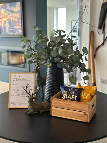 a table with a vase with a plant and a box of snacks at The Lookout Barn by Mourne Homestays in Brackenagh