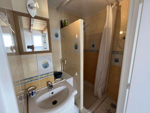 une salle de bain avec un lavabo, des toilettes et une douche dans l'établissement Appartement 2 pièces à St Hilaire-de-Riez avec parking et balcon - FR-1-324-145, à Saint-Hilaire-de-Riez