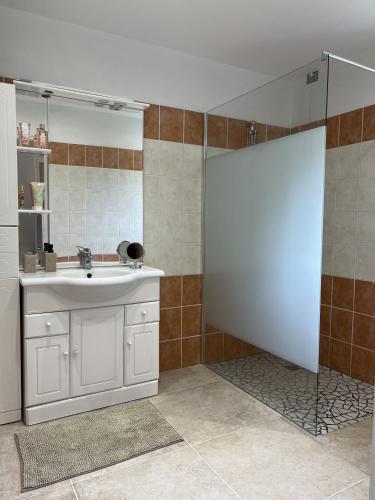 une salle de bain avec un lavabo blanc et un miroir dans l'établissement Corps de ferme à 50min de Lyon, à Moissieu-sur-Dolon
