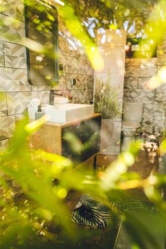 a bathroom with a sink and a mirror at Le Palmier de la Paix in Le Tampon