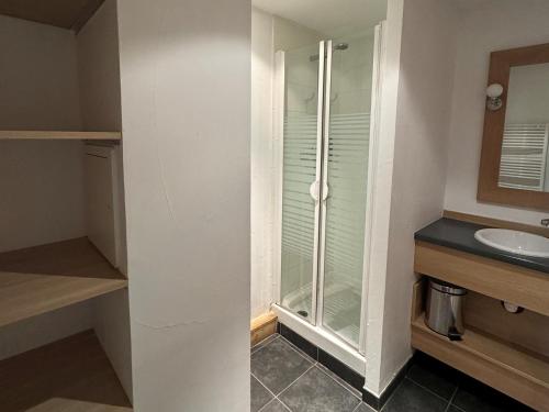 une salle de bain avec douche et lavabo dans l'établissement Grand appartement ski aux pieds, orientation sud avec piscine, wifi et animaux admis - FR-1-181-2815, à La Plagne Tarentaise