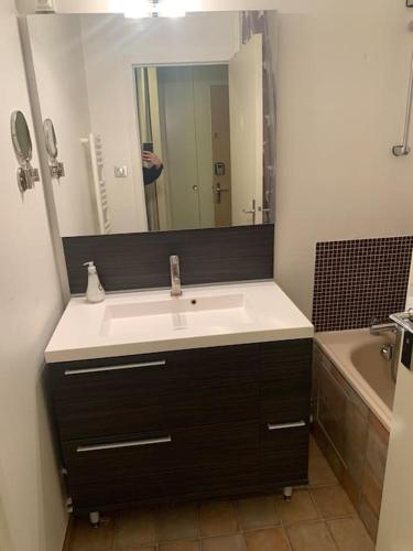 une salle de bain avec un lavabo et un grand miroir dans l'établissement Studio-4 Personnes Les Orres 1650-Hautes alpes, à Le Mélézet
