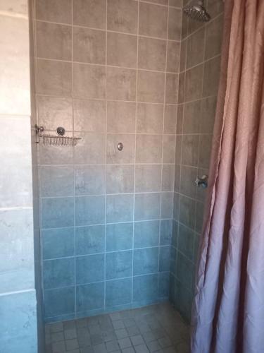 a bathroom with a shower with a shower curtain at Pilanesberg View Guest house in Mabele-a-podi
