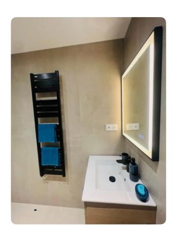 une salle de bain avec un lavabo et un miroir dans l'établissement Tout équipé et rénové à neuf, au Cannet