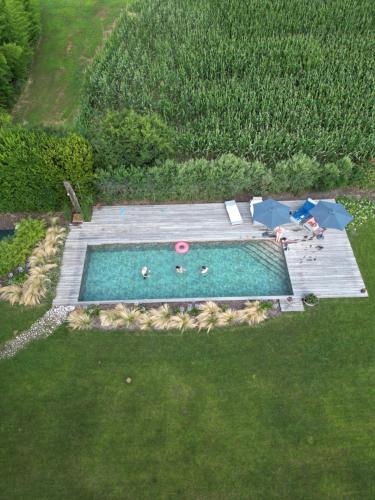 an overhead view of a swimming pool with umbrellas at Il Glicine - Natural BnB in Castello di Godego