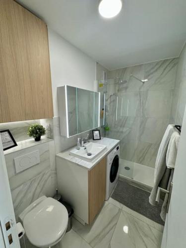 une salle de bain avec toilettes, lavabo et douche dans l'établissement Newly refurbished modern studio, à Paris