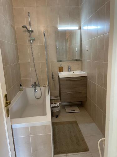 une salle de bain avec une douche, une baignoire et un lavabo dans l'établissement APPARTEMENT BOULOGNE BILLANCOURT TOUT PRES de ROLAND GARROS, à Boulogne-Billancourt