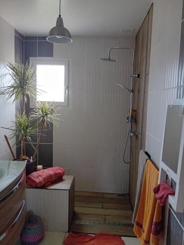 une salle de bain avec douche et lavabo dans l'établissement Charmilles a 2km plage, à Flocques