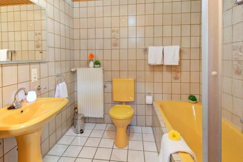 a bathroom with a yellow toilet and a sink at Apartment Landhotel Zum Storchennest in Bann