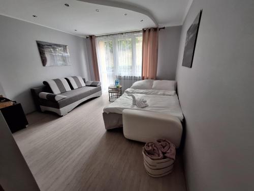 a bedroom with a bed and a couch in a room at Apartament u Iwonki in Przemyśl