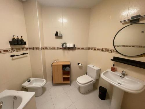 un bagno con un water, un lavandino e uno specchio di Apartamento Rinconcito de Belmez a Bélmez