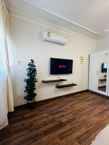 a living room with a tv and a potted plant at Sada Compound (Women Only) سيدات فقط in Riyadh
