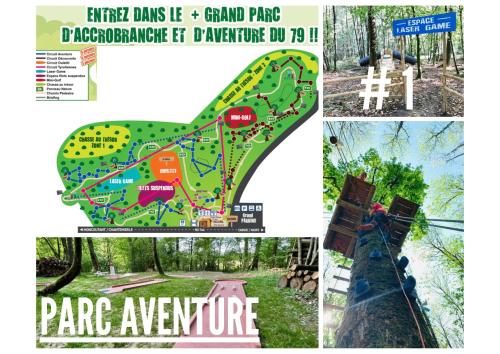 a collage of photos with a map of a park at Jolie m'Home, Le Puy du Fou, 15 pers, 7 ch, 5 sde, 5 wc in Mauléon