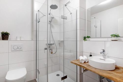 Un baño blanco con ducha y lavabo. en Km Style Apartment Nr 1, en Freiburg im Breisgau