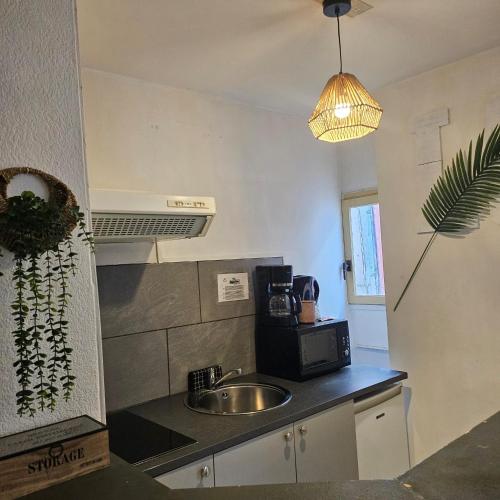 une petite cuisine avec un évier et un micro-ondes dans l'établissement 49 studio centre-ville BOX A BAGAGES GRATUITS, à Carcassonne