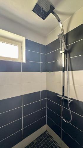 a shower in a bathroom with blue and white stripes at Le Clos Beldane in Le Tâtre