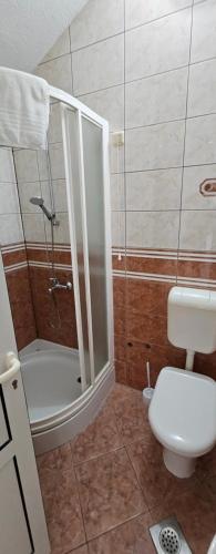a bathroom with a shower and a toilet at Holiday Home in Komarna