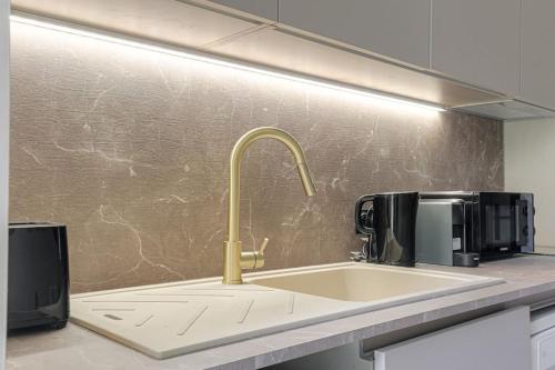 - une cuisine avec un évier et un robinet d'or dans l'établissement Joli duplex avec jardin, 2 personnes, Écully, à Écully