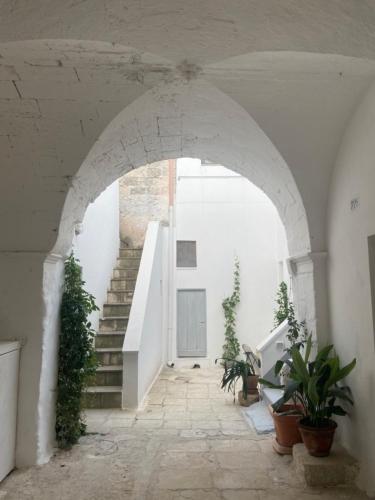 an archway in a building with stairs and potted plants at Dimora Michelangelo in Alessano