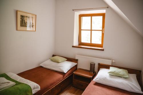 two twin beds in a room with a window at Majláthova Chata Popradské Pleso in Vysoké Tatry