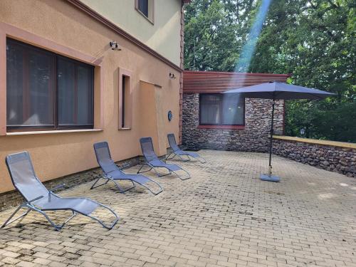 a group of chairs and an umbrella on a patio at Senyői Vendégház in Bózsva