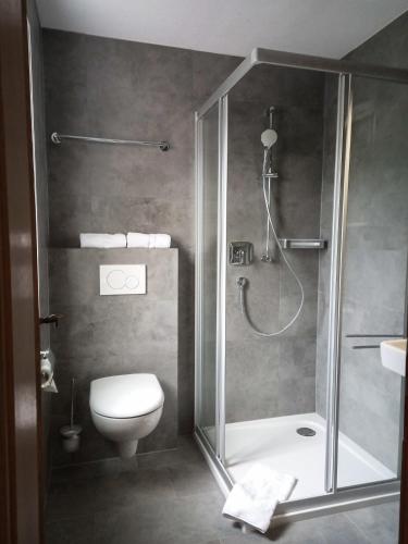 a bathroom with a shower and a toilet at Ostbacher Stern in Leutasch