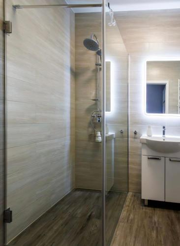 a bathroom with a shower and a sink at Apartament Malina in Kutno