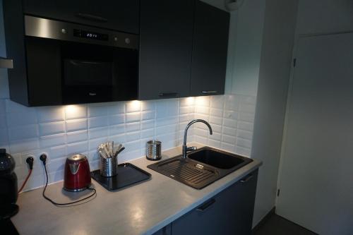 un comptoir de cuisine avec un évier et un micro-ondes dans l'établissement Paris - Stade de France, à LʼÎle-Saint-Denis