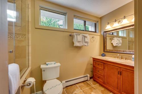 Un baño con inodoro, lavabo y ducha. en 1 Mi to Loon Mountain Lincoln Haven with Balcony, en Lincoln