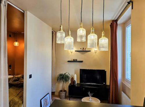 - un salon avec plusieurs lampes suspendues en verre dans l'établissement Description Maryse Bastié, à Lyon