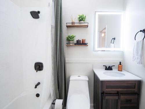 a bathroom with a toilet and a sink and a mirror at Traveler's Dream - Free Parking near Forsyth Park in Savannah