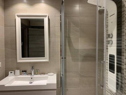 une salle de bain avec un lavabo et une douche avec un miroir dans l'établissement Two bedroom Fragonard Cannes, à Cannes