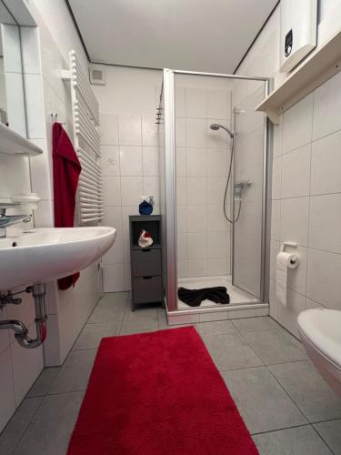 a bathroom with a shower and a red rug at Wilder Klaus in Wangerooge