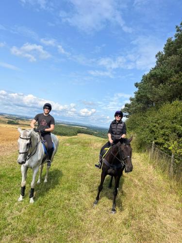 two people riding on horses in a field at Stewards Granary in Cornhill-on-tweed