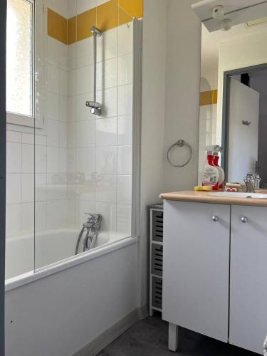 une salle de bain avec une douche, une baignoire et un lavabo dans l'établissement Chez Maïka et Etienne, à Saint-Geniez-dʼOlt