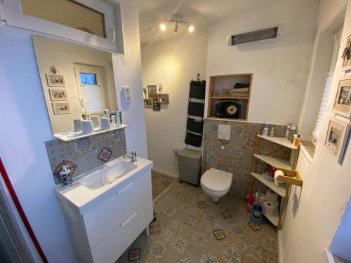 a bathroom with a sink and a toilet at Ferienwohnung 1 Klangweberei im Frankenwald in Helmbrechts