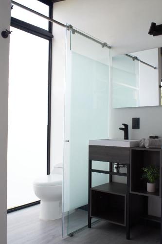 a bathroom with a shower and a toilet and a sink at Eco Lodge Los de Arriba en Lago Calima para dos personas in Restrepo