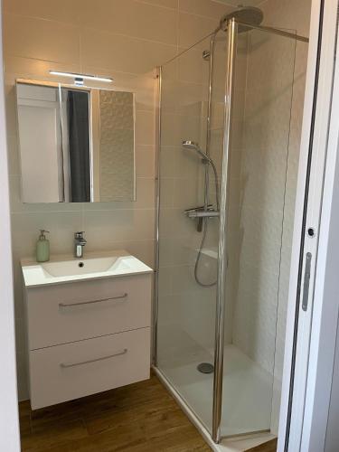 une salle de bain avec une douche en verre et un lavabo dans l'établissement Studio Bruno, vue mer, avec piscine, Golfe de Saint Tropez, à La Croix-Valmer