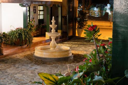 a fountain in the middle of a courtyard with plants at Hotel Beth Sarim in Villa de Leyva