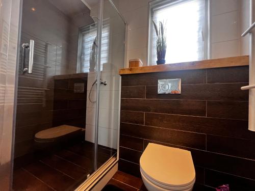 une salle de bain avec toilettes et douche en verre dans l'établissement Sarbi Mare, à Sarbinowo