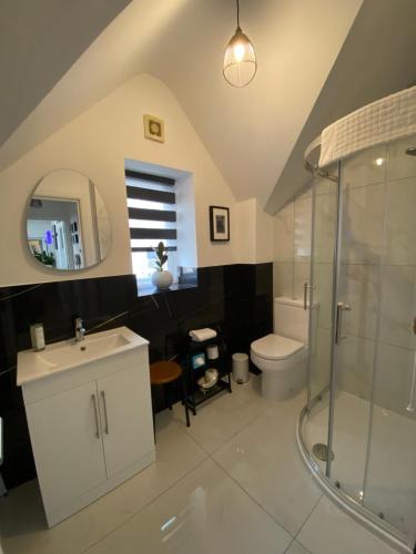 a bathroom with a shower and a sink and a toilet at Sunset View Apartment in Portstewart
