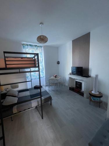 - un salon avec un lit et une cheminée dans l'établissement Le Petit Saint-Ruf, à Avignon