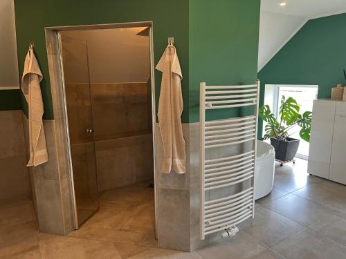 a bathroom with a shower and a glass door at Grünblick Oase No1 Ferienwohnung Wiesmoor in Wiesmoor