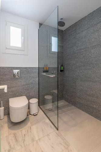a bathroom with a toilet and a glass shower at San Antonio Summerland in Mýkonos City