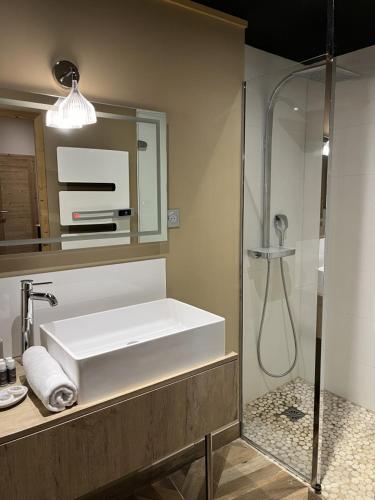 a bathroom with a sink and a shower at Le 19 - Chambre Patio 34m2 - Centre Historique - Clim in Langeac
