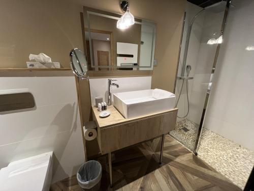 a bathroom with a sink and a shower at Le 19 - Chambre Patio 34m2 - Centre Historique - Clim in Langeac