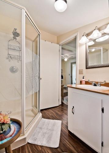 a bathroom with a shower and a sink at Sara's Cottage in Eureka Springs