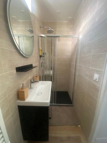 une salle de bain avec un lavabo et une douche avec un miroir dans l'établissement Chambres rénovées proches de Paris Centre, des sites olympiques, avec belle terrasse calme, à Argenteuil